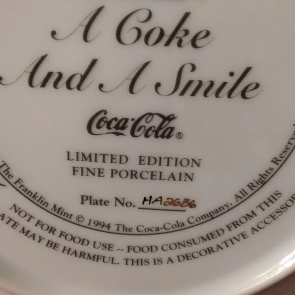 1994 Coca Cola Collector plate titled A Coke and a Smile limited edition fine po - Picture 4 of 4